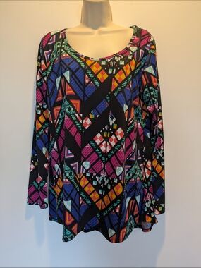 LuLaRoe Lynnae Black Multicolor Scoop Neck Long Sleeve Top Large EUC
